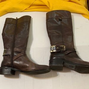 Vince Camuto knee boots brown leather brass accent buckle CHP riding low heel 8M
